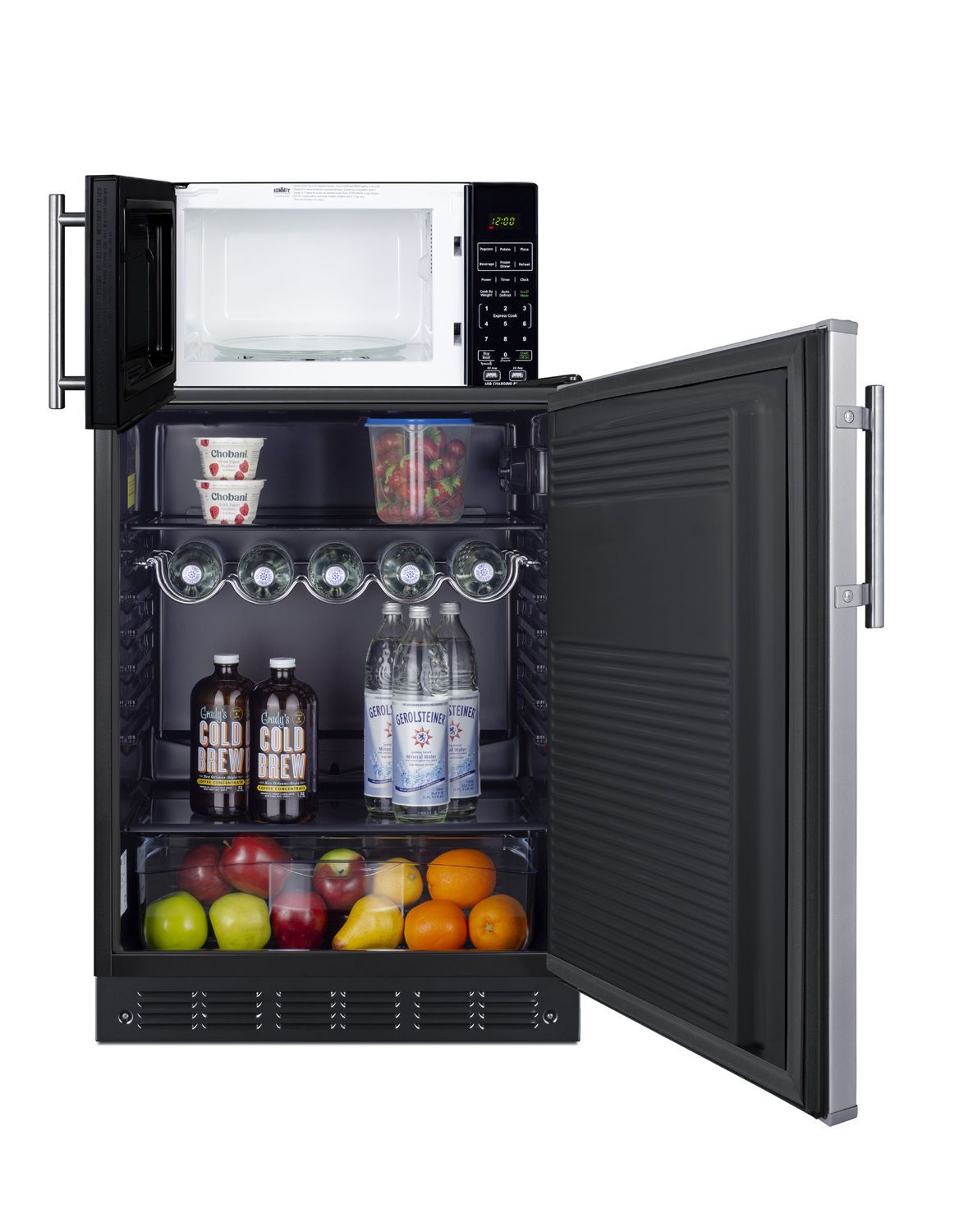 Counter height all-refrigerator with stainless steel door and compact microwave in black with allocator and USB ports for 1-plug operation; ships in three boxes on one pallet